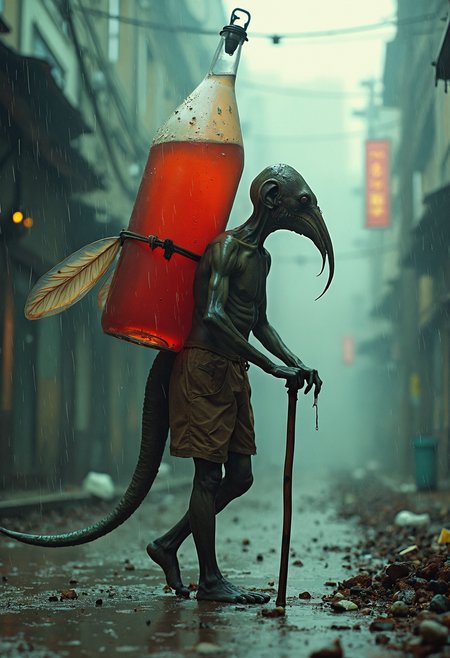 A very old, skinny, slender, bent insect man, full-length, in shorts, bent back, very long, sharp nose, has hoisted a giant, transparent, very thick bottle of transparent red juice onto his back, the bottle is tied to his back with a rope, walks, leans on a wooden cane, giant, very long, transparent mosquito wings, grotesque, double multi-plane exposure, on a dark, foggy, blurry background, dirt, dust, scratches, garbage, rain, horror, caricature, photorealism.