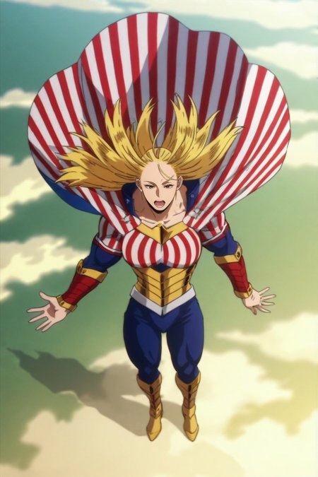 score_9, score_8_up, score_7_up, source_anime, rating_safe, intricate details, anime screencap, anime coloring, , , depth of field, 1girl, solo, <lora:cathleen_bate_pony:0.92>, cathleen_bate, blonde hair, brown eyes, long hair, superhero, cape, muscular, bodysuit, , from above, full body, heaven, clouds, dusk, singing, :o, , <lora:sdxl_lightning_8step_lora:1>