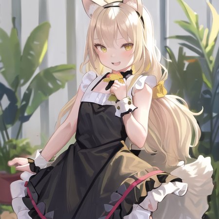 1girl, :d, animal ear fluff, animal ears, bangs, black hairband, blonde hair, blurry, blurry background, depth of field, dress, flower, flower pot, frilled dress, frills, green dress, green eyes, hairband, holding, long hair, open mouth, pink flower, plant, potted plant, sketch, sleeveless, sleeveless dress, smile, solo, tail, twitter username, wrist cuffs, yellow flower <lora:Fkey:0.7>