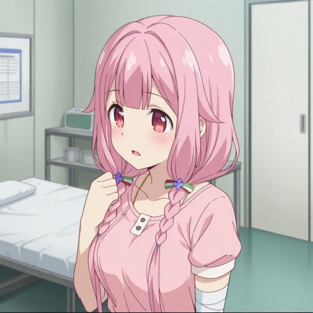 nsfw, masterpiece, best quality, 1girl, solo, warlords_of_sigrdrifa_watarai_sonoka, standing, pink hair, braid, twin braids, hair ornament, blush, long hair, shirt, short sleeves, bangs, open mouth, red eyes, pink eyes, pink shirt, breasts,collarbone, low twin braids, hair over shoulder, bandages, hand up, indoor, health room, bed, <lora:Watarai_Sonoka_-_Warlords_of_Sigrdrifa:0.7>