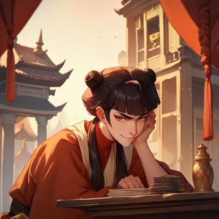score_9, score_8_up, score_7_up, score_6_up, score_5_up, score_4_up, rating_questionable, Mai, leaning over a table, in a Chinese palace, small smile