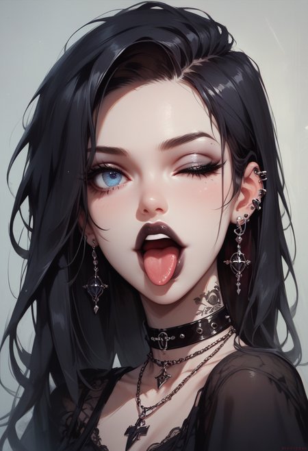 score_9, score_8_up, score_7_up, Goth girl, goth girl 1girl, 1girl,solo,long hair,looking at viewer,open mouth,black hair,jewelry, blue eyes, pale skin, earrings,one eye closed,teeth,tongue,tongue out,necklace,ear piercing,portrait,gothic, , <lora:[GP] somethingweird [Pony XL]:0.2>, <lora:g0th1cPXL:0.3>, <lora:Concept Art Twilight Style SDXL_LoRA_Pony Diffusion V6 XL:0.8>,  <lora:gg3:0.8>