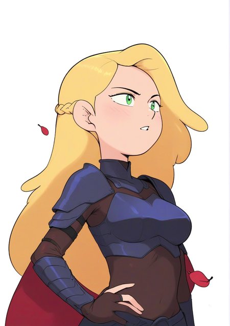 1girl,zPDXL3,armor, blonde hair, braid, cropped torso, french braid, green eyes, hand on own hip, long hair, outstretched hand, parted lips, petals, rose petals, solo, upper body, white background <lora:yellow_Elephant:1>