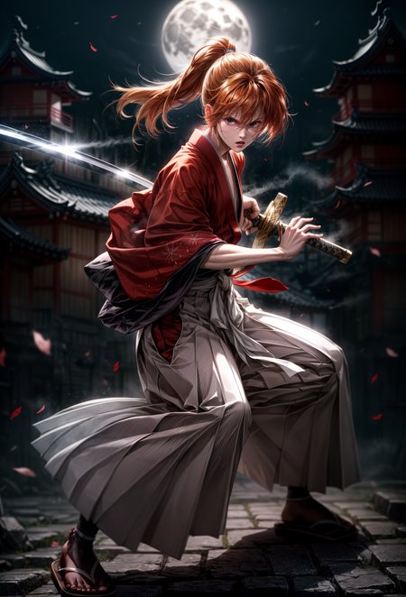 amazing quality, masterpiece, best quality, hyper detailed, ultra detailed, UHD, perfect anatomy, blurry background, 
moon light, looking at viewer, stride, (fighting stance:1.3), (lean forward:1.2), sword, hilt, scabbard,
Japanese style house, fog, 
<lora:Kenshin_RK:0.85>, kenshin rk, (solo:1.3), orange hair, long hair, ponytail, red kimono, japanese clothes, scar, sandals, hakama, hakama skirt,
<lora:battoujutsu_24re_d128:0.8>, battoujutsu,
<lora:detail_slider_v4:1>,
<lora:more_details:0.4>,
<lora:add_detail:0.25>,
<lora:emotion_angry_slider_v1:1.75>,
<lora:GoodHands-vanilla:1>,