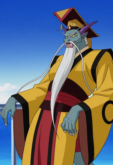 1boy, (cowboy shot:1.5), leaning back, large pectorals, looking at viewer, ocean, horizon, blue sky, casual, against railing,
BREAK
donghailongwang, old, eastern dragon, furry, blue skin, purple horns, yellow eyes, white hair, facial hair, very long beard, very long mustache, very long eyebrows, whiskers, fangs, claws,
BREAK
chinese clothes, ceremonial hat, chinese hat, hat jewel, yellow robe, black trim, wide sleeves, long sleeves, red cape, red sash, front cloth,
BREAK
best quality, masterpiece, very aesthetic, absurdres, highest detailed, very awa, anime screenshot, <lora:Dragon_King_of_the East_Sea_from_The_Legend_Of_Nezha_v1.5:1>