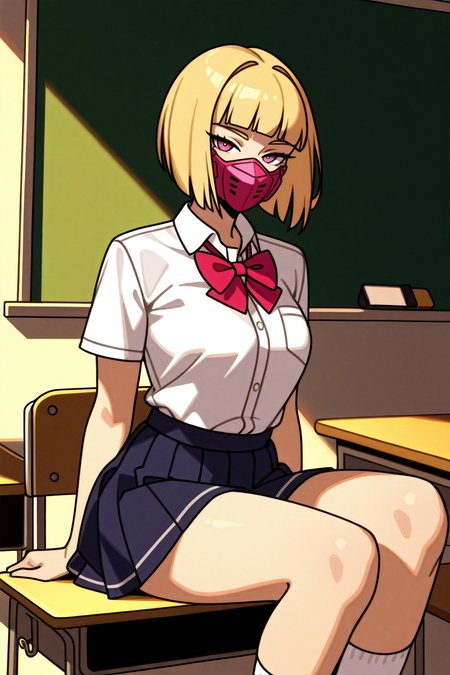 masterpiece, best quality, absurdres,
<lora:ILERKiwi:0.8>
ERKiwi, 1girl, blonde hair, short hair, blunt bangs, mask, looking at viewer, in classroom, school uniform, sitting