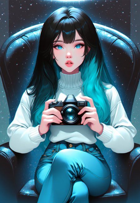 masterpiece, very aesthetic, absurdres, Chr0m1um Style, lips, long hair, blue eyes, denim, jeans, looking at viewer, 1girl, sitting, crossed legs, solo, camera, pants, sweater, white sweater, solo focus, jacket, black hair, holding, multicolored hair, chair, parted lips, holographic, embossed, chromium, glitter