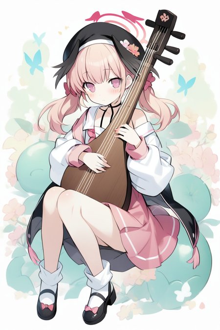 1girl,tsunako, totoki86,
solo,koharu \(blue archive\),blush,playing lute \(instrument\), pipa \(instrument\),full body,  <lora:pipaSY:1>