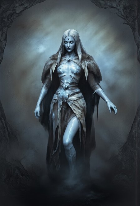 aidmaMJ6.1, Made out of paper, a PaperStyle , d4artstyle, d4concept, , d00mstyle, made of clay, ZBClay model of a gray sculpture
A mysterious and elegant figure resembling a frost sorceress, with pale blue skin and long, flowing white hair that cascades down her shoulders. She is draped in a luxurious, fur-lined cloak that appears to be made from the finest winter materials, enveloping her form in a regal and ethereal manner. Her eyes glow with an icy blue light, giving her an otherworldly and enchanting appearance. The sorceress's expression is calm and composed, exuding an aura of cold beauty and ancient power. The intricate details of her clothing and the shimmering frost on her skin suggest a deep connection to winter magic and the elements. The overall design captures both grace and danger, blending the qualities of an enchantress with the harshness of the frozen north.
Background solid color with a faded dimly lit, fog-covered darkness tone that emphasizes its silhouette. 
 The medium is not a traditional painting or illustrative medium like watercolor or ink but rather a digital rendering, eerie and unsettling.