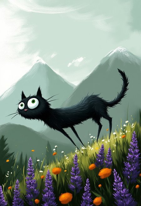 A whimsical illustration of a limbless cat with an elongated body in dark whimsical art style, its cylindrical form hovering slightly above a meadow of purple wisteria and orange marigolds, its body undulating like a serpent, digital painting with dynamic brushstrokes showing its velvety black fur, foggy mountains background, characteristic Tim Burton inspired design with enormous, haunting emerald eyes dominating its face as it glides effortlessly without legs or paws.