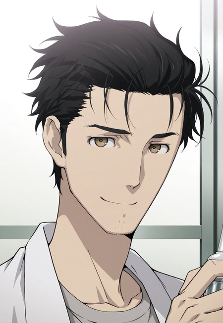 solo, masterpiece, detailed, uwa, huge filesize, ultra hd, best quality, (absurdres, highres), 1boy, official art, bright, 

SGOkabe, black hair, stubble, brown eyes, labcoat, shirt, portrait, headshot, looking at viewer, smiling