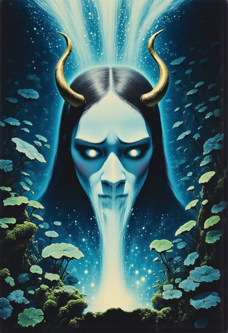 ArsMovieStill, movie still from a 1970s horror movie Studio Ghibli Dark Fairytale depicting a cursed hannya mask with horns and fangs blooming out of a blue lotus in a liminal bonsai garden with eerie radiating cyan and magenta miasma satyr
