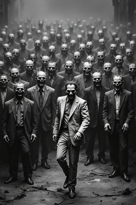 A 8K Photograph of a army of men in grey suits, drag, dreary, boring and greyscale. Thousands of them. Among the grey men should be a single man, with a super vibrant multi colored suit, dancing, having the time of his life. The man should symbolize being unique and enjoying yourself even if everyone around you is boring.
Dark Art