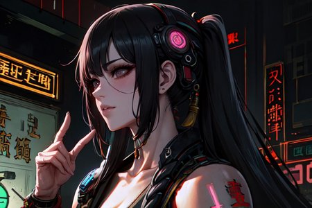 highly insanely detailed, masterpiece, top quality, best quality, highres, 4k, 8k, RAW photo, (very aesthetic, beautiful and aesthetic), ancient japanese cyberpunk, ancient chinese cyberpunk, ancient egyptian cyberpunk
1girl, solo, 
dark background, 
<lora:two_side_up-1.0:0>âââ