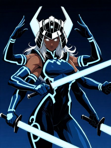 (masterpiece,best quality,newest,absurdres,highres), Sp1r4l, 1girl, solo, white eyes, white hair, extra arms, six arms, holding weapon, dark-skinned female, bodysuit, glowing, holding sword, helmet, glowing eyes, dual wielding, white eyes, neon trim,  <lora:Spiral_IllustriousXL:0.8>