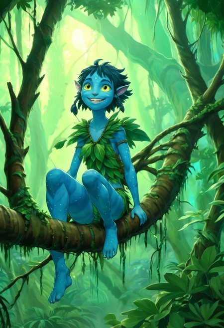 Studio Ghibli Style anime painting of a young female Avatar navi alien with blue skin, wearing leaf and bark armor, smiling and grinning while sitting on a tree branch in a bioluminescent jungle