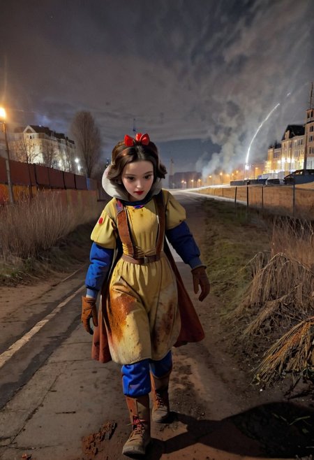 Rusted, rusted landscape, an Disney princess Snow White,  wearing a Hazmat suit, walking on a side walk in a run down russian city, smoke, chem trails, extreme close-up, portrait, raw, masterpiece, extreme insanely realistic detailed and intricate, extreme realistic detail, doomer aesthetics, depressing feelings, night, panelka,vintage painting,painting,realism,