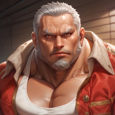 safe_pos, safe_pos, source_anime, detailed background, (score_9, score_8_up, score_7_up), zoroj, masterpiece, best quality, high quality, ultra detailed, highly detailed, high detail, artistic lighting, (highly detailed face, (perfect face, perfect eyes)), depth of field, perfect soft lighting, best shadows, perfect reflections, volumetric, detailed image, high resolution, defined faces, sharp definition,

solo, 1boy, male focus, Amatsumara, old man, mature male, gray hair, short hair, long sideburns, facial hair, goatee, (brown left eye, red right eye), scar, dark skin, white tanktop, red jacket, chest hair, musclebears, muscular male, bara, veiny muscles, large male,

garage, workshop, dynamic poses, various poses, looking at viewer, ((((face shot)))),