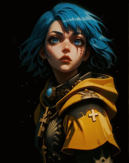 <lora:RFStyle:1.2>, <lora:luce-PD-1.0:0.6>, <lora:edgAdeptaSororitasPonyv1:0.8>,   score_9_up, (score_8_up, score_7_up:1.2), score_6_up, solo, (high quality, hires, very detailed), (GLSHS), perfect proportions, (from side:0.9), portrait of 1girl, blue hair, dark blue eyes, short hair, cross on the neck, (brave:1.2), zzzz, (confident expression with slightly parted lips and a relaxed posture:1.2), BREAK  wearing (black color:1.1) power armor with (yellow raincoat:1.1), ((hood up:1.4)), shoulder armor,  BREAK  (simple black background), (strong wind current:1.2), (flat color, dark theme), (side lighting, light particles:1.2), (reflections:1.4), (gorgeous light and shadows, detailed half-body shadows, partially illuminated, halftone effect:1.2),  embedding:zPDXL3,   <lora:hand 4:0.3>, <lora:add-detail-xl:2>,  zPDXL3, perfect hands, edgAdepta, luce, Rotten Forest,