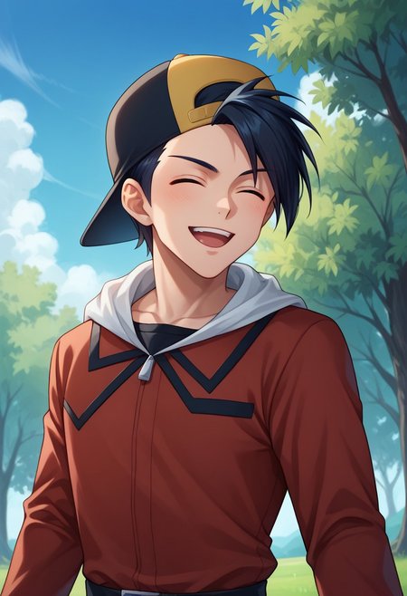 score_9, score_8_up, score_7_up, source_anime, highly detailed, 
pokegold, male focus, 1boy, hat, solo, jacket, backwards hat, red jacket, smile, open mouth, black hair, baseball cap, short hair, pants, long sleeves, standing, closed eyes,
upper body, looking at viewer,
outdoor, tree, sky,