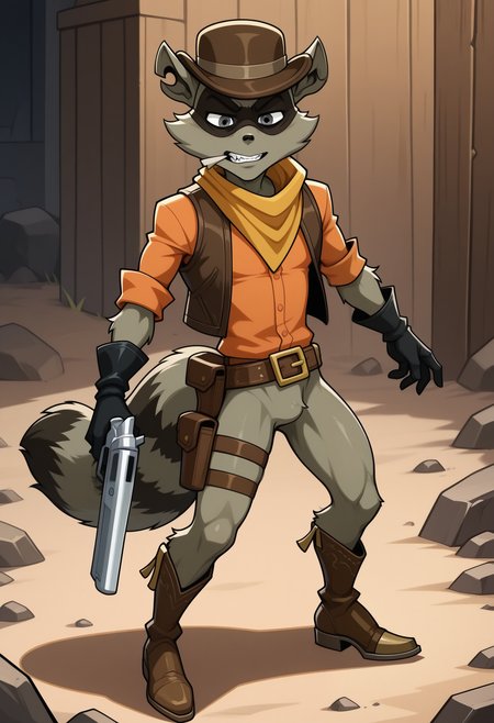 masterpiece,best quality,amazing quality, 1boy, solo, t3nn3ss33, raccoon boy, grey fur, grey eyes, eye mask, cowboy hat, scarf, brown vest, orange shirt, gloves, belt, thigh pouch, cowboy boots, holster, white object, weapon, white object in mouth, full body, raccoon tail, bottomless, furry legs,