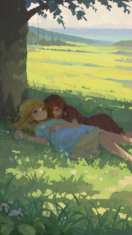 masterpiece, newest,absurdres,incredibly absurdres, best quality, amazing quality, very aesthetic, painterly,
2girls, dappled sunlight, under tree, cuddling, blonde, brown hair, scenery, nature, grass, horizon,
<lora:t4kar4i_shunsuk3:1> t4kar4i_illu, no_outlines, no lineart <lora:YB_IL_1624591:1> yb