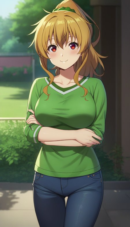 score_9,score_8_up,masterpiece,best quality,correct anatomy,anime_source,1girl,solo,perfect eyes,perfect arms,perfect legs,perfect face,outdoors,upper body,(portrait:1.5),looking at viewer,facing viewer,smile,blush,Nanako Kogure,long hair,brown hair,high ponytail,shiny hair,hair intakes,hair ornament,hair scrunchie,green scrunchie,sidelocks,hair between eyes,bangs,red eyes,collarbone,green shirt,long sleeves,large breasts,jeans,pants rolled up,loafers,<lora:Nanako Kogure(bnr)-Pony:1.8>,