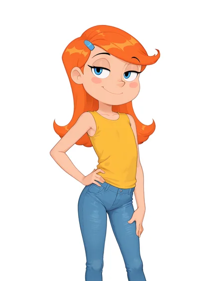 score_9, score_8_up, score_7_up, masterpiece, best quality, newest, absurdres, highres, amazing quality, colorful,
masterpiece, best quality, absurdres, newest, very aesthetic, amazing quality,highres,sensitive, absurdres, high resolution, ultra detailed, perfect details,
source_cartoon,   toon (style), (cartoon:1.0), source_carton:1.1, rating:suggestive, dynamic sexy pose, seductive, sultry,
detailed,detailed eyes,perfect eyes,detailed,detailed hands,perfect hands,detailed,detailed legs,perfect hands, 1girl, solo,
 <lora:Hoshime_Style_r2:0.6> , Hoshime_Style, petite,
<lora:Riley_Daring:0.8> , Riley_Daring, blue pants, swept bangs, smile, yellow shirt, hair ornament, orange hair, hand on own hip, blush stickers, blue eyes, hairclip, simple background, long hair, closed mouth, standing, flat chest, sleeveless shirt, jeans, transparent background, white background, denim,