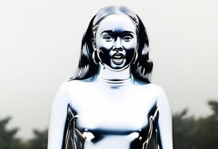 chrome statue of power ranger Aisha, straight chrome hair, chrome hairband, fringe, alone, helmetless, chrome catsuit, chrome turtleneck collar, chrome gloves belt, worried facial expression, gasping, entirely made of chrome, command centre, hyperdetailed photography