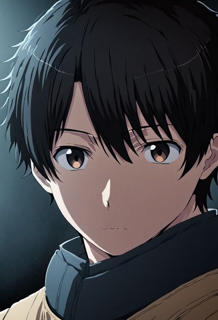 high resolution, solo, best quality, 1Boy, Inaho Kaizuka, Black Hair, portrait, looking at viewer, focused gaze forward, upper body, head upright, neutral expresion, OverallDetail