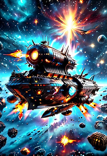 high quality, 8K Ultra HD, highly realistic, The great and sleek black ship is moving forward, blasting through space. It has powerful cannons facing forward that are unleashing powerful blue neutron beams upon an unseen foe. Embark on an enchanting 8K photorealistic journey as a magnificent starship blasts through a star system.  The ship gracefully flies among other ships. The starship's design boasts advanced technological elements. The camera captures every minute detail, by VelvetS, octane render,from slightly to the side.  perfectly symmetrical ship.  Weapons fire blue energy beams, 
<lora:DonM3t3rn1tyXL-v1.1:0.7>, DonM3t3rn1tyXL,
OverallDetailXL  <lora:MJ52:0.3>  <lora:SDXLFaeTastic2400:0.4>