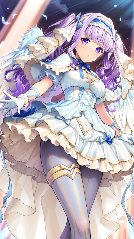 amazing quality,absurdres,best quality,masterpiece,highres,newest,detailed,detailed body,detailed face,masterpiece,best quality,solo,
æªæ§ãæ¬§è ã³ã«ã¿,1girl,solo,white gloves,long hair,purple eyes,feathered wings,vertical-striped pantyhose,white dress,frilled dress,frills,purple hair,hairband,twintails,<lora:æªæ§ãæ¬§è ã³ã«ã¿:0.85>,