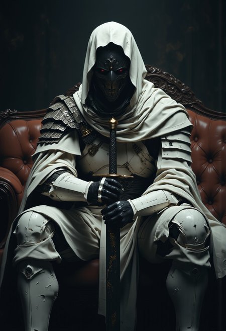 mythp0rt, Head Closeup, dark-mood-mod, high quality cinematic shot of a busty knight in pristine white armor sitting on a couch, Holding a giant sword, volumetric lighting, (raytracing:1.3), (ambient occlusion), (cinematic lighting:1.3), (chromatic aberration), (4K image quality:1.3), (sharp detail:1.3), (highly realistic:1.3), (dim warm cinematic lighting:1.3)