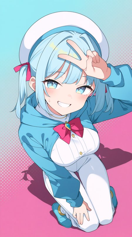 masterpiece, best quality, amazing quality, aesthetic,  absurdres, best quality, 4k, upscale, Shabon, halftone background, colorful background, colored shadow,(dynamic pose, foreshortening), 1girl, solo, hood, pants, long sleeves, blue eyes, blue hair,  v, hat, blue footwear, bangs, breasts, white headwear, smile,  <lora:Tia_Shabon_IL:0.8>