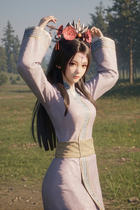 score_9, score_8_up, score_7_up, Standing with arms folded above the head,<lora:Yu_Meiren_Dynasty_Warriors:0.8> 1girl, solo, black hair, long hair, hair ornament, hair flower, brown eyes, chinese clothes, long sleeves, outdoors, looking at viewer
