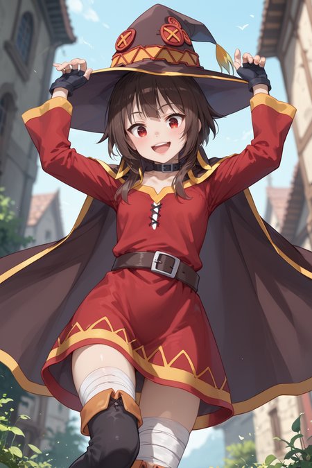 score_9, score_8_up, score_7_up, high detailed, best quality, extremely detailed, high detailed, (atmospheric perspective), blurry background, uncensored
1girl, solo, brown hair, red eyes, outdoors, small breasts, lips, nature, standing, day, bangs, medium hair, slim, slender,
BREAK
Megumin,hat,witch hat,brown hair,short hair,bangs,short hair with long locks,red eyes,collar,choker,cape,black cape,dress,red dress,long sleeves,gloves,black gloves,fingerless gloves,belt,thighhighs,black thighhighs,bandages,bandaged leg,asymmetrical legwear,boots,
<lora:Fant5yP0ny:0.4> <lora:Megumin_Illustrious:0.5> <lora:lora:0.5>
 looking at viewer, smile, dynamic pose, facing at viewer, head tilt, open stance, dutch angle, from below, arms raised in the air, surprised, flustered, open mouth
