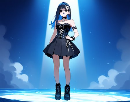 (score_9,score_8_up,score_7_up:1), 1girl, full body,     angle, dusk lighting, amused, (goth, black lipstick, silver jewelry, silver piercings, black mascara, black eyeshadow), <lora:Nipple_Rings_Pony_XL:1> nr, nipple rings, (toned), neon glow color hair,choker, eyeshadow, (bloodless white rough skin), (cry of fear), ghostly bridge, ((<lora:goth_clothes:1> skirt(side lace-up corset, black skirt))), <lora:blackshirtboyXLP:1>
