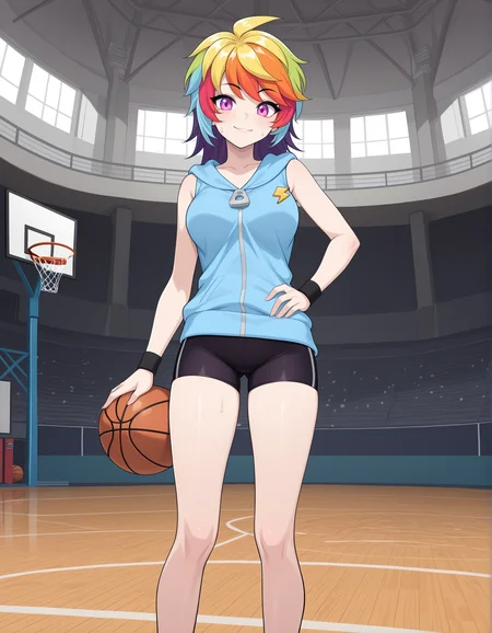 masterpiece,best quality, absurdres, highres, <lora:Iro Illu:0.9> irocrushcrush, blue hoodie, wristband, bike shorts, outside, standing, basketball hoop, solo, looking at viewer, sweatdrop, smile