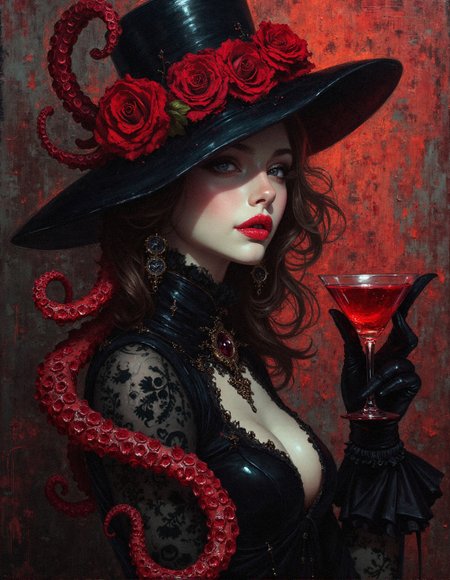 A darkly elegant femme fatale with ghostly pale skin and blood-red lips, her piercing eyes hidden beneath the shadow of a wide-brimmed black hat adorned with coiled crimson roses that seamlessly morph into writhing, sentient octopus tentacles. The tentacles extend outward, curling with an unnatural grace, covered in glossy, pulsating suckers that shimmer with a sinister wet sheen. She wears a high-collared, Victorian-inspired black lace gown, the intricate patterns of the fabric resembling deep-sea creatures and forbidden symbols. Her gloved hand delicately holds a martini glass filled with a deep red liquid that appears almost alive, swirling with an eerie iridescence. The background is a chaotic blend of crimson and black, resembling a canvas of blood and shadow, creating a surreal and nightmarish atmosphere. The textures of the oil-painted scene give the image a raw, hand-crafted aesthetic, blending gothic noir with Lovecraftian horror, as if she exists in a realm where elegance and eldritch terror intertwine seamlessly.
 <lora:FluxDFaeTasticDetails:0.3> <lora:MoriiMee_Gothic_Niji_Style_FLUX:0.5> <lora:realism_lora_comfy_flux_converted:0.5>