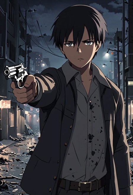 Highres, Masterpiece, High Quality, 4K, 8K, solo, 1Boy, Takaki Toono, adult, black hair, short hair, potrait, midnight, quiet street, big city, dim street lights, scattered trash, dirty, cold, tense, mysterious, sharp eyes, merciless, threatening, pointing a gun, revolver, weapon, pointing at the viewer, threatening, easynegative, detailed_eye_model