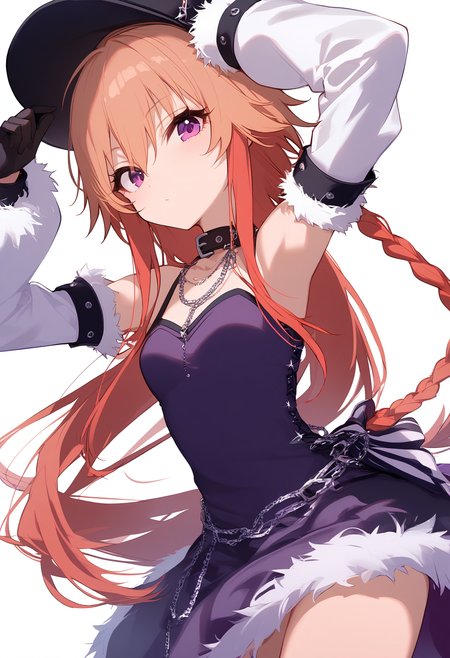 1girl,
ninomiya asuka,


solo, looking at viewer, black collar, white sleeves, light brown hair, fur trim, bare shoulders, red hair, single braid, chain, braid, cowboy shot, long hair, small breasts, black headwear, dress, two-tone hair, hair between eyes, long sleeves, black gloves, fur-trimmed sleeves, sleeveless, blush, purple dress, detached sleeves, breasts, white background, collar, gloves, very long hair, sleeveless dress, fur-trimmed dress, closed mouth, hand on headwear, arm up, purple eyes, simple background, multicolored hair,

sfw
<lora:a31_char_new_ninomiya_asuka-000008:1> <lora:a31_style_koni-000010:0.8>