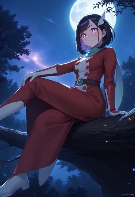 1girl, scselene
night scene,moon in the sky,purple hues,starry night,dreamlike atmosphere,glowing edges,mystical,high contrast,ethereal light,sitting on a tree branch,light particles, woods, from below, leg up  
(best quality), ((intricate details)), (shiny skin), [eye lashes], ((anime style, extremely detailed, finely detailed, beautiful detailed face, beautiful detailed eyes, beautiful detailed shading)), (beautiful, beautiful amazing, ultra-detailed, 8K wallpaper, vibrant colors), [high saturation], [blush], cute, (perfect body, perfect anatomy, perfect face), (ultra-detailed face, perfect nose),  beautiful scenery, best quality, 2020s, highres, score_9, score_8, score_7, sharp focus,  (medium breasts)