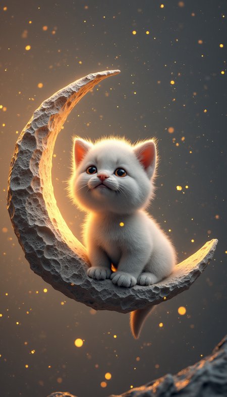 This is a highly detailed, digital CGI artwork featuring a small, fluffy white kitten with large, expressive orange eyes. The kitten is positioned centrally, sitting on the edge of a crescent moon, which is realistically textured with craters and gray tones. The moon and kitten are illuminated by a soft, warm orange glow that casts gentle shadows and highlights, giving the scene a dreamy, ethereal quality. The background is a smooth, dark gray with subtle, swirling patterns that resemble cosmic dust or nebulae, adding depth and a sense of movement. The composition follows the rule of thirds, with the kitten and moon occupying the upper third of the image, drawing the viewer's eye directly to the cute and curious expression of the kitten. The overall style is whimsical and fantastical, with a focus on soft textures and warm lighting, creating a sense of enchantment and wonder.
aidmaHyperrealism  <lora:aidmaHyperrealism-FLUX-v0.3:0.6>