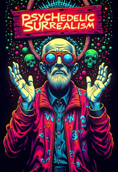 a sign on top with Text:"Psychedelic Surrealism". an old man with open hands, wearing cybernetics glasses, in a colorful Goa world, bo-psychedelic, psychedelic surrealism. , Muted low Grain, <lora:Flux\boFLUX Psychedelic Surrealism v1.safetensors:1.0:1.0>