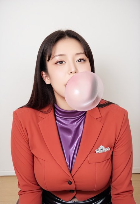 white skin, photo of an 22-year-old Korean idol,masterpiece, best quality,smiling, realistic,score_9, score_8_up, score_7_up, full body shot, semi realistic,forehead, shot,black hair,mature asian,milf, 
1girl, female, huge breasts, thick thighs, wide hips, horny, lips, korean_race_queenv2,gini_S2,Realisian-Neg, (yellow and black checkerboard skirt),(stiped yellow and red suit), (dark-purple latex shirt),pantyhose, parted bangs,manhwa milf, queen bee ami, lips (blowing clear large bubblegum)