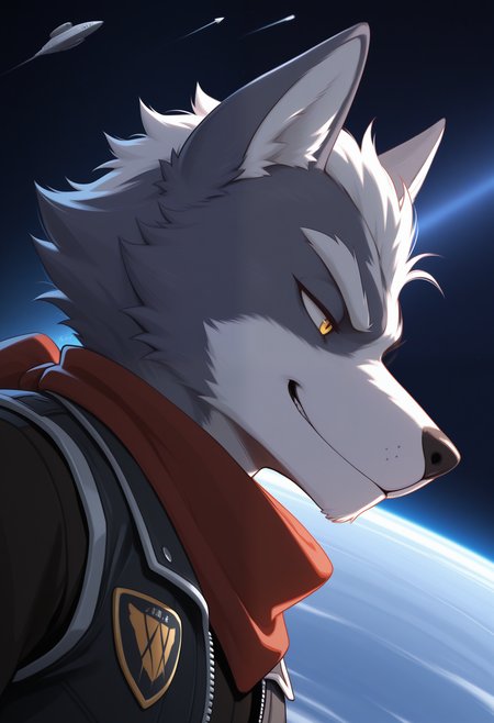 masterpiece,best quality, amazing quality, 1boy, solo, wolfSF, wolf boy, eyepatch, red scarf, black vest, pilot black shirt, close up, side angle, smug,

 
space, space ship,
