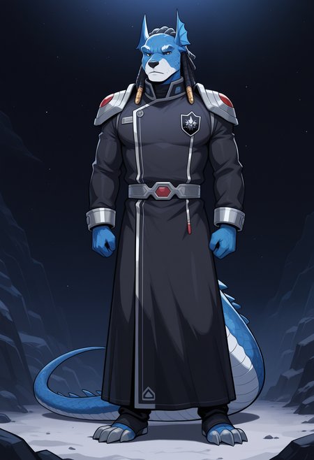 masterpiece,best quality,amazing quality, 1boy, solo, 4nub1sPR, furry, 1boy, blue scales, black dreadlocks, space robe, shoulder pads, badge, badge emblem, male focus, full body,