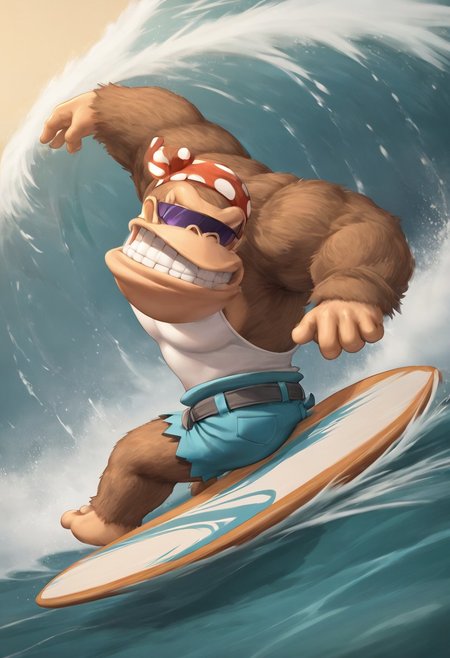 SFW, rating_all, score_10, score_8_up, score_7_up, beautiful, realistic, detailed, perfect, quality, vector, flat colors, masterpiece, dynamic, dynamic pose, funky_kong, gorilla, brown fur, furry arm, furry legs, white tank top, belt, denim shorts, insane detailed, (dynamic pose), (extreme angle), incrssurfing, surfing, (surfboard:0.8)