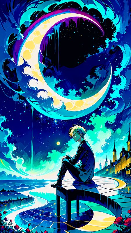 Vincent van Gogh sitting on a crescent moon in the sky looking at the starry nights, (Schizowave), <lora:Schizowave:1.4>