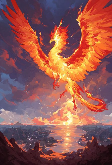 score_9, score_8_up, score_7_up, ocean of fire, rising phoenix bird, burning,  long burning tail, burning wings, magenta feathers, red clouds, large wings, bright flames, dark fantasy, dark night, landscape, hell, inferno